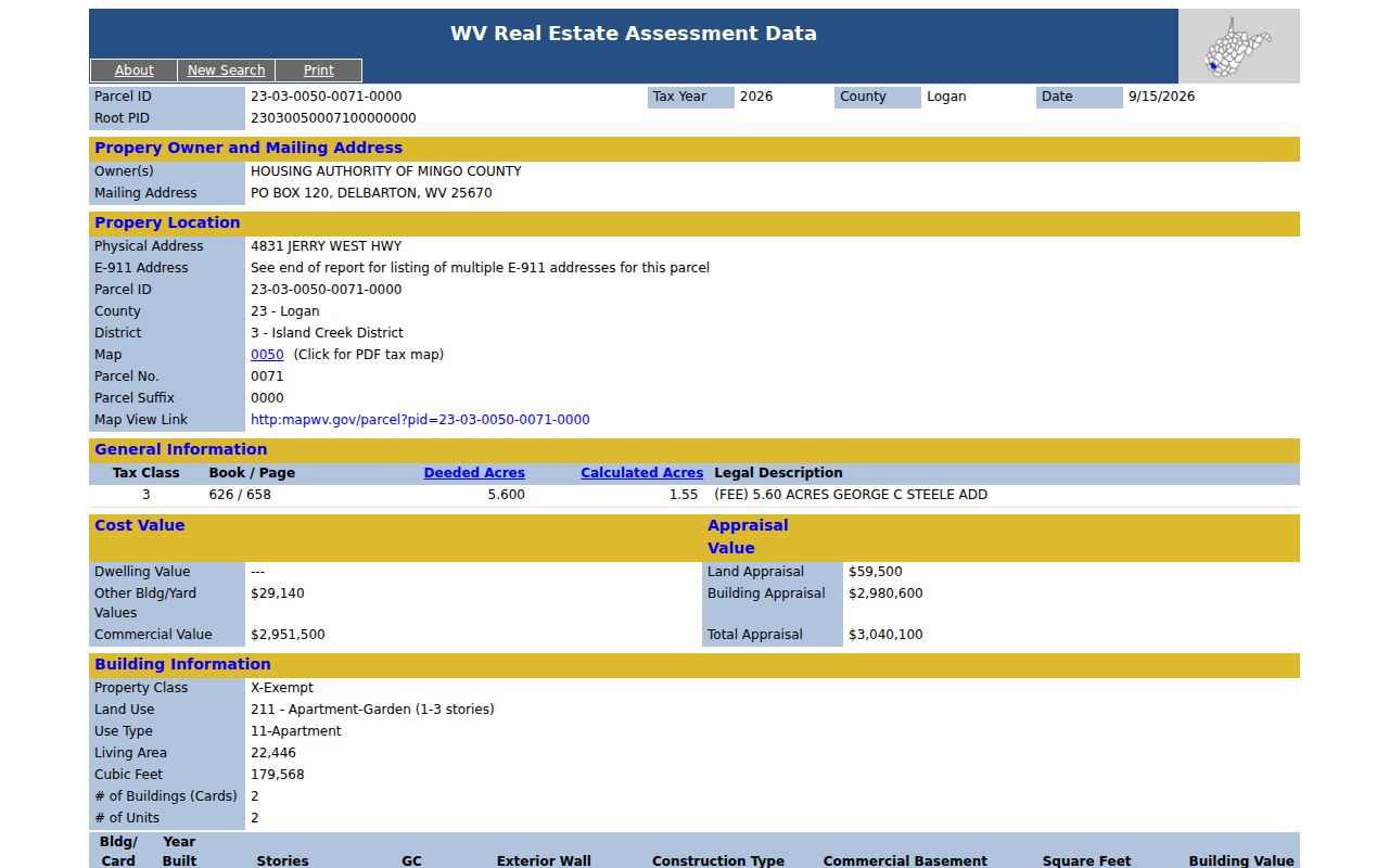 Mingo County property record detail with owner, legal description, book and page, and assessed values